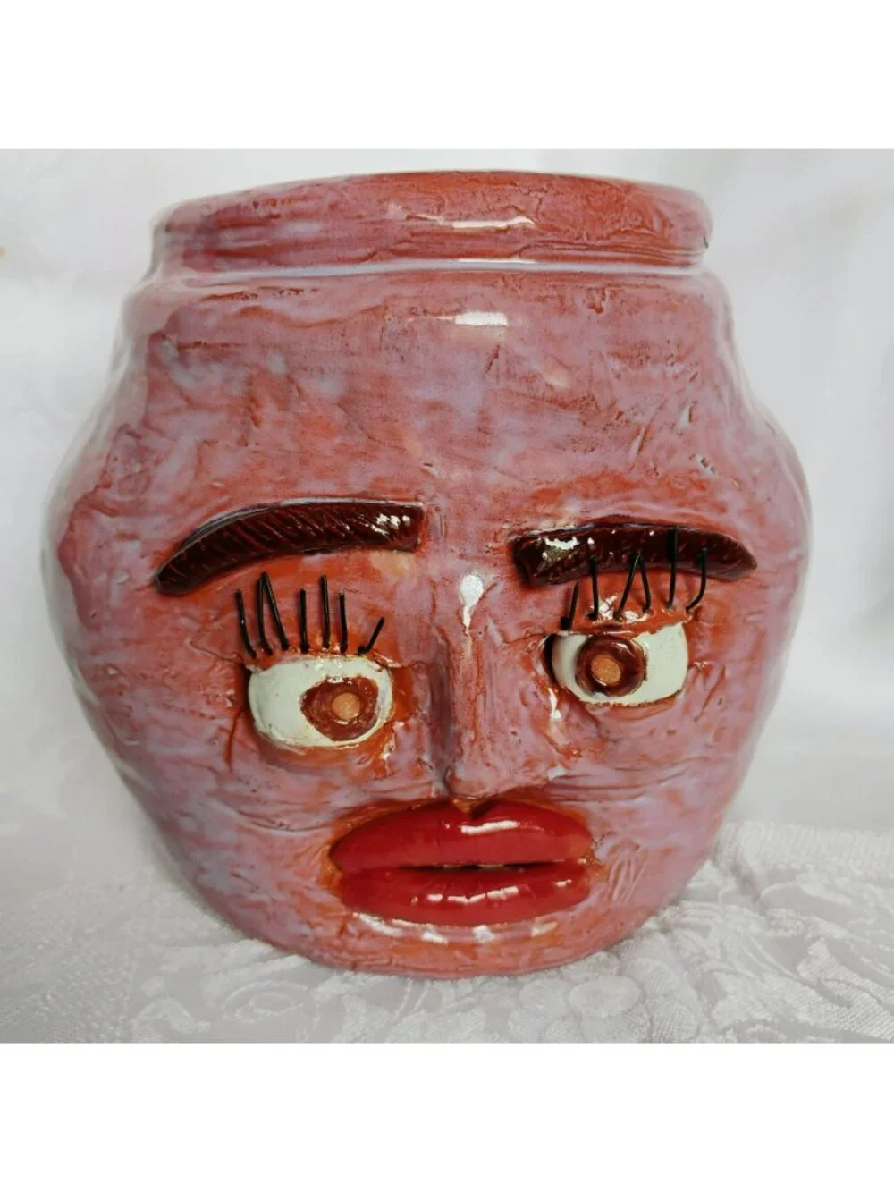 Whimsical Ceramic Ugly Face Jug Handmade Carolina Pottery Pink Planter Pot Vase - Picture 2 of 11